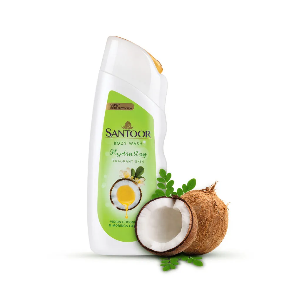 Santoor Hydrating Skin Body Wash, With Virgin Coconut Oil & Moringa Extracts, pH Balanced Shower Gel