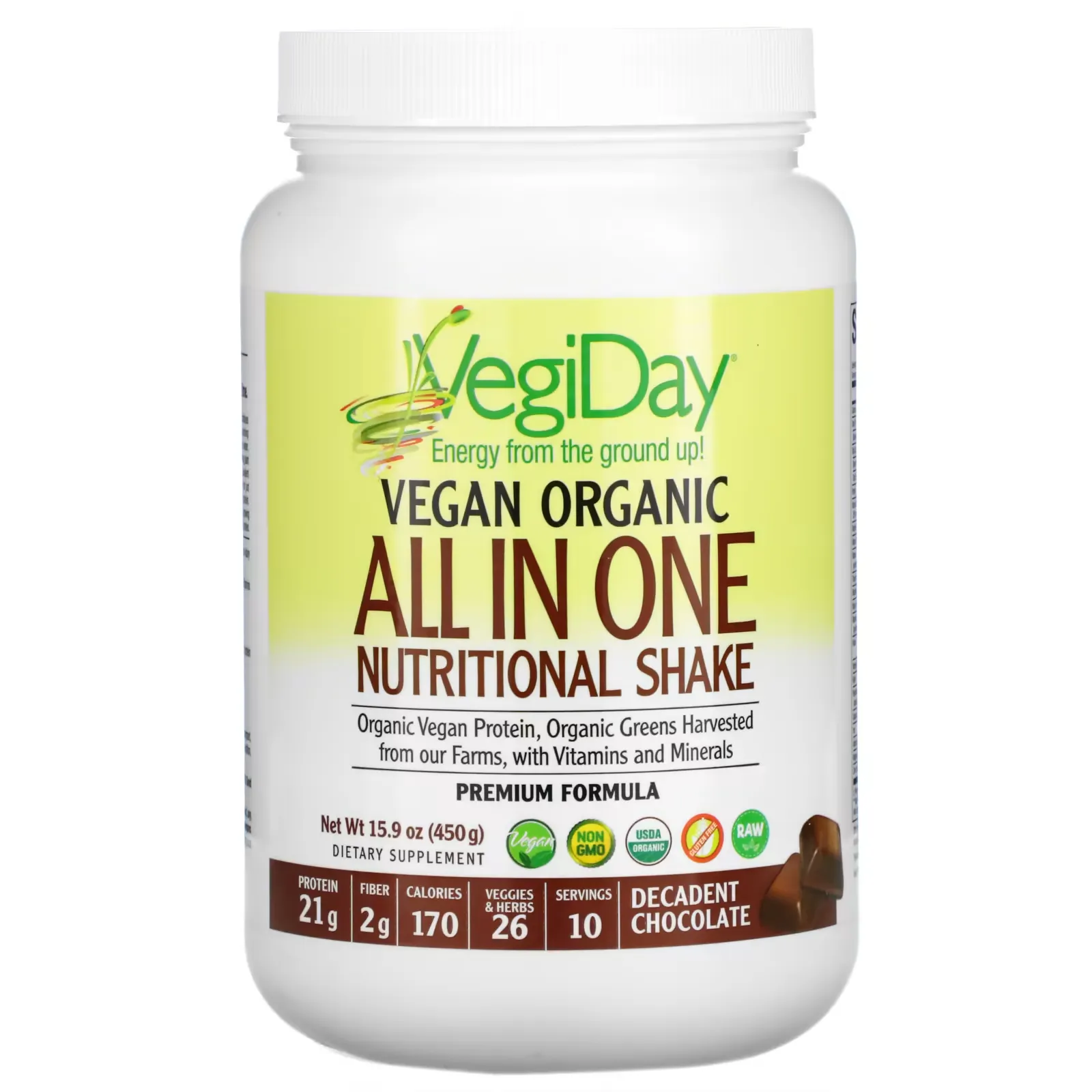 VegiDay, Vegan Organic All In One Nutritional Shake, Decadent Chocolate, 15.9 oz (450 g)