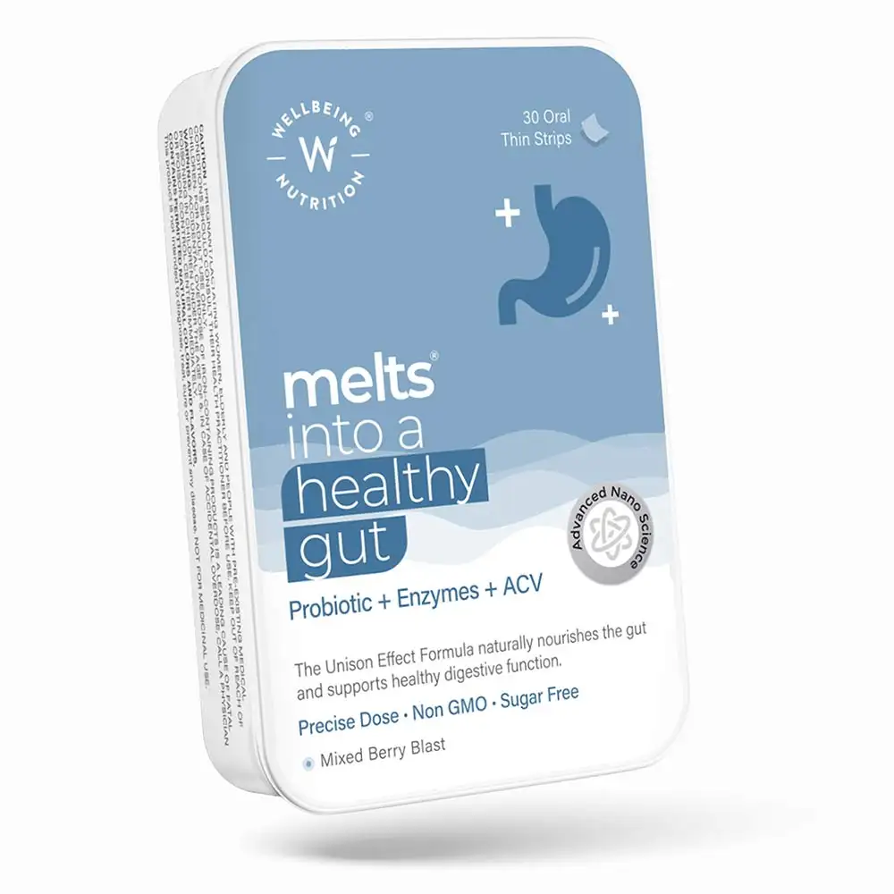 Wellbeing Nutrition Melts Healthy Gut Probiotic+Enzymes+ACV,  30 Strip(s)  Mixed Berry Blast