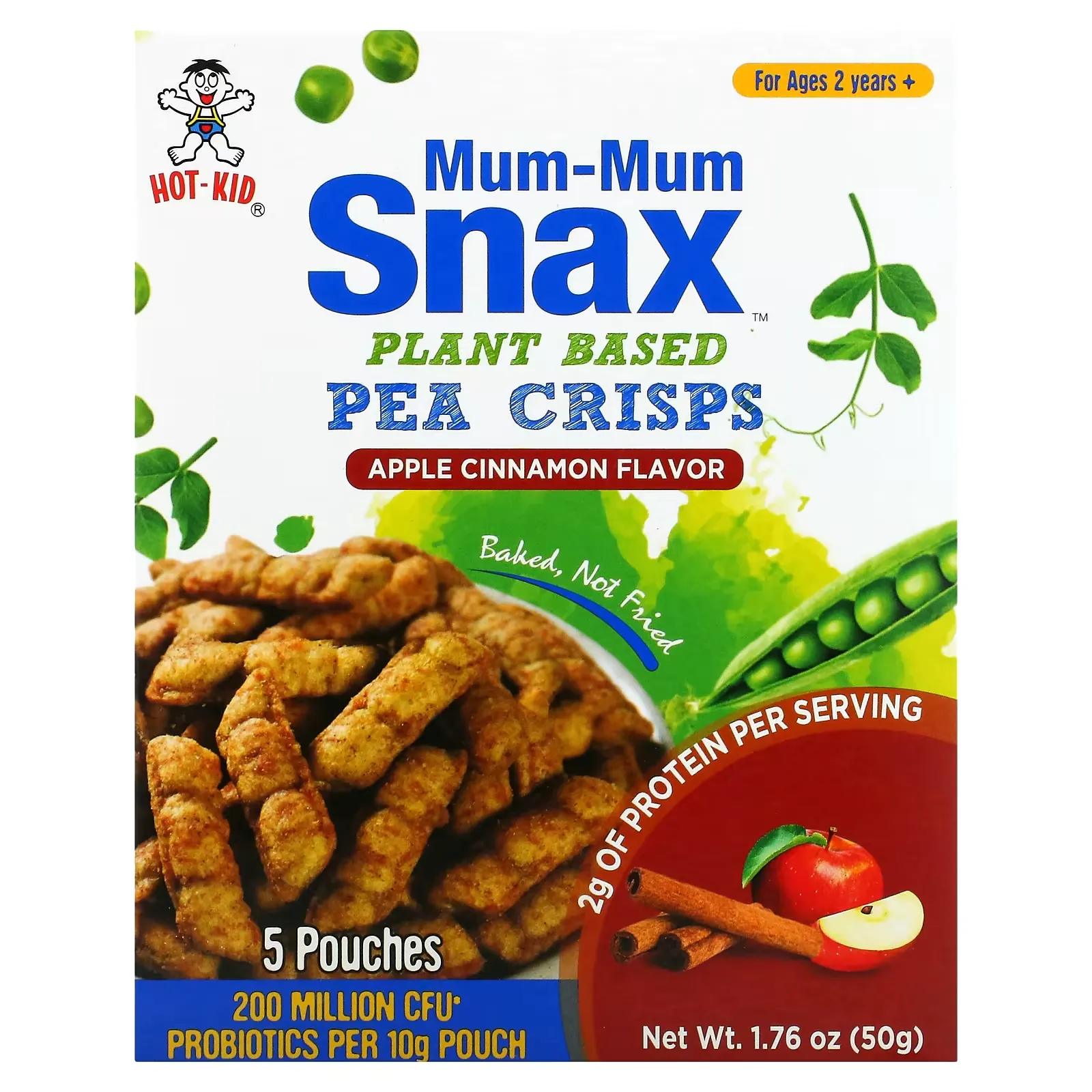 Mum-Mum Snax, Baked Pea Crisps, Ages 2 Years+, Apple Cinnamon, 5 Pouches, 10 g Each