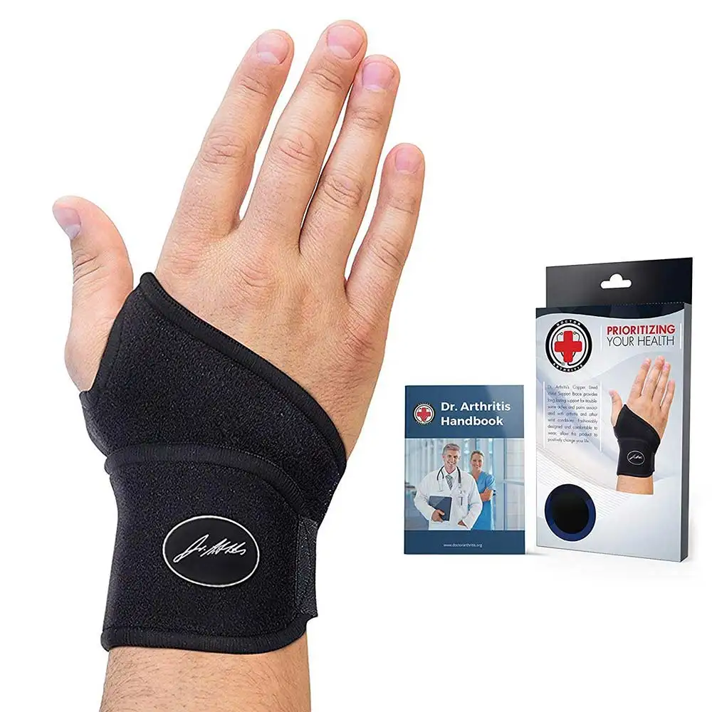 Dr. Arthritis Premium Copper Lined Wrist Support,  Black with Hand Book  One Size