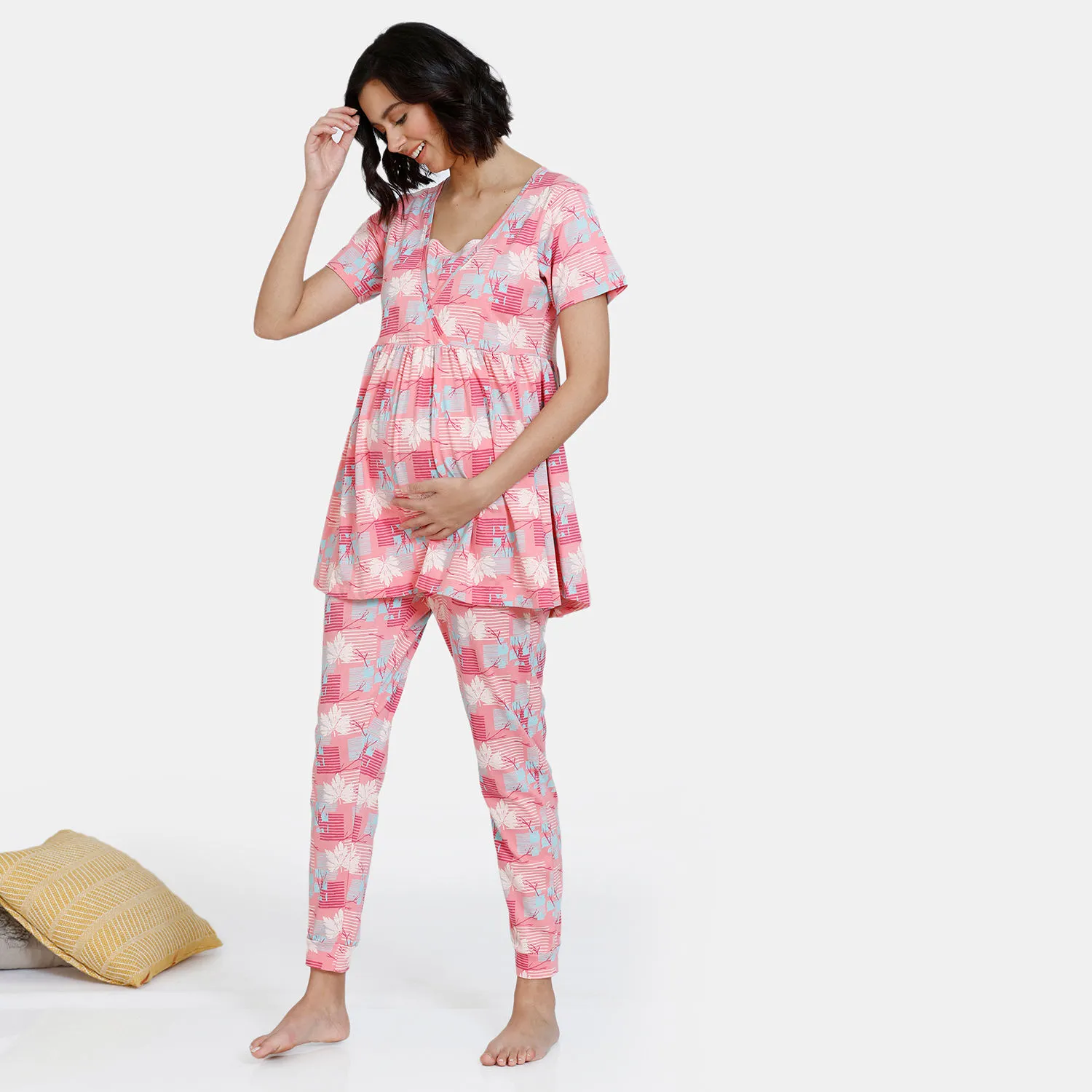 Zivame Maternity Knit Cotton Pyjama Set - Pink Icing (L)