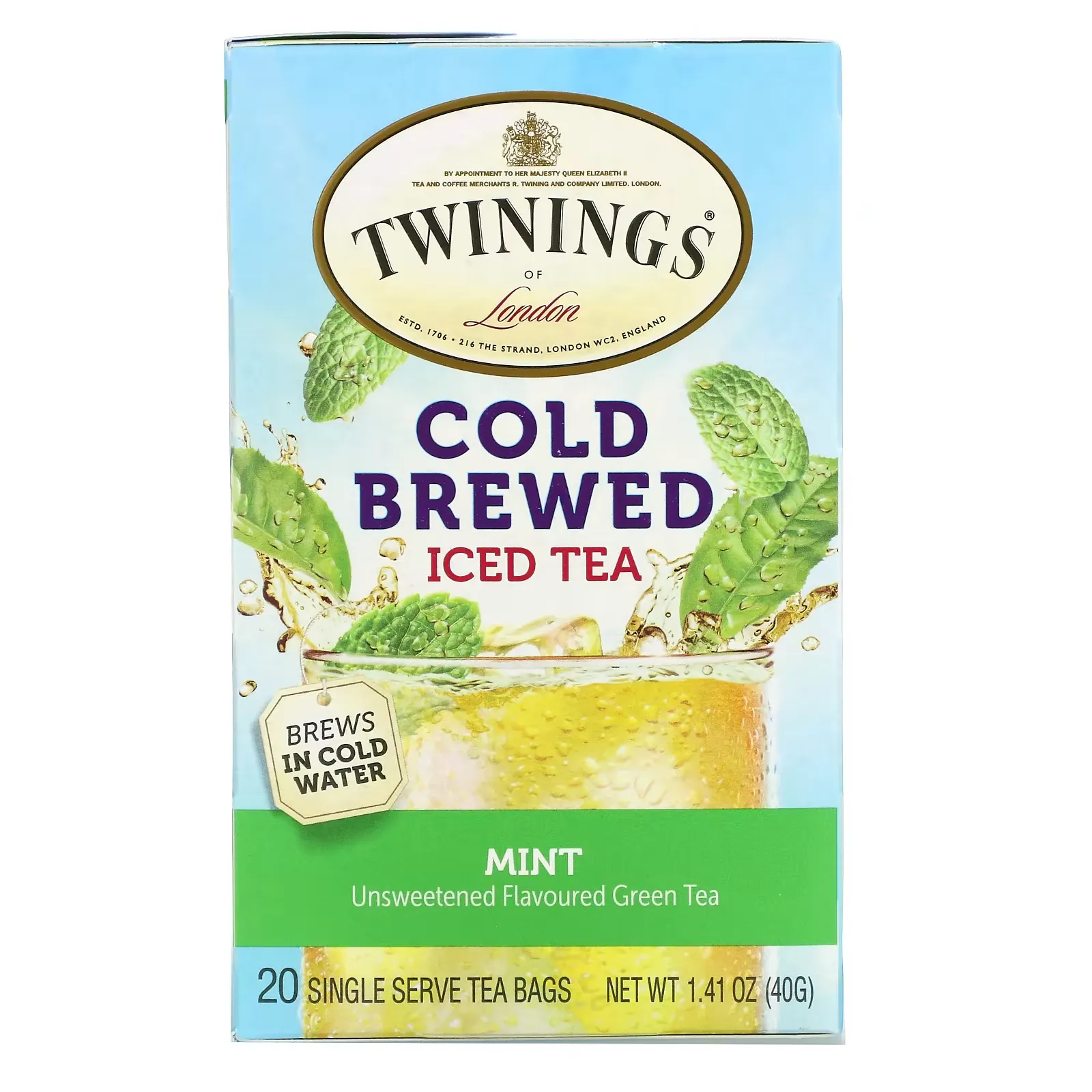 Cold Brewed Iced Tea, Unsweetened Flavored Green Tea, Mint, 20 Tea Bags, 1.41 oz (40 g)