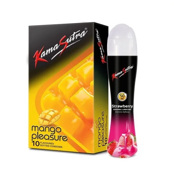 KamaSutra Mango Pleasure Flavoured Condoms, 10 Units With Starwberry Flavoured Lubricant 50ml