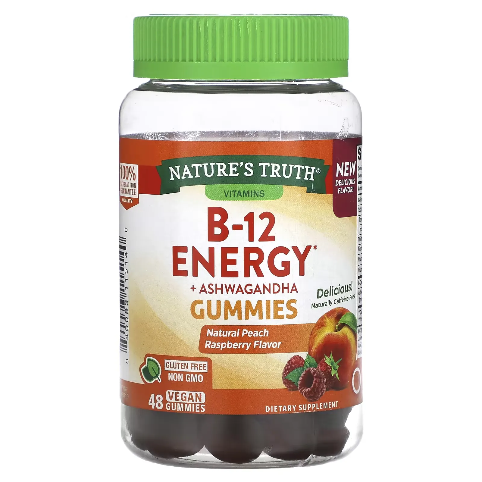 B-12 Energy + Ashwagandha Gummies, Natural Peach Raspberry, 48 Vegan Gummies