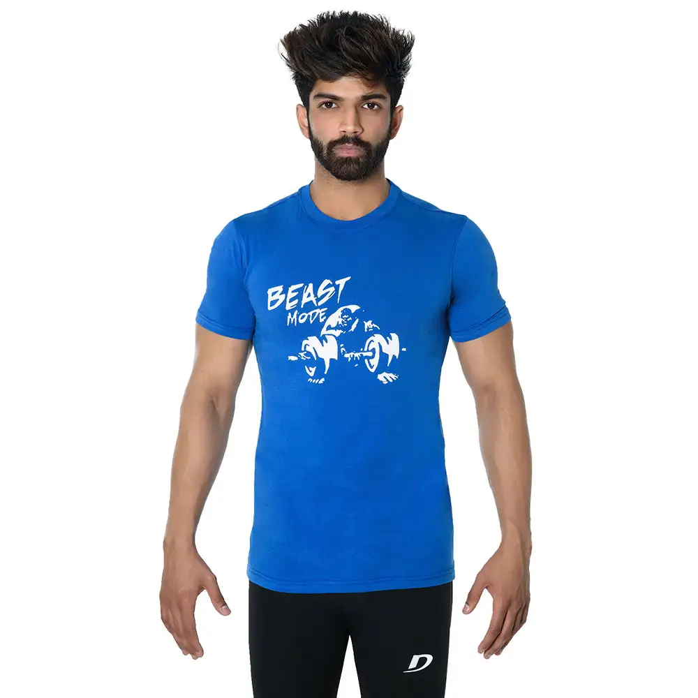 DK Active Wear Half Sleeve Gym T Shirt (Beast Mode),  Royal Blue and White  XL