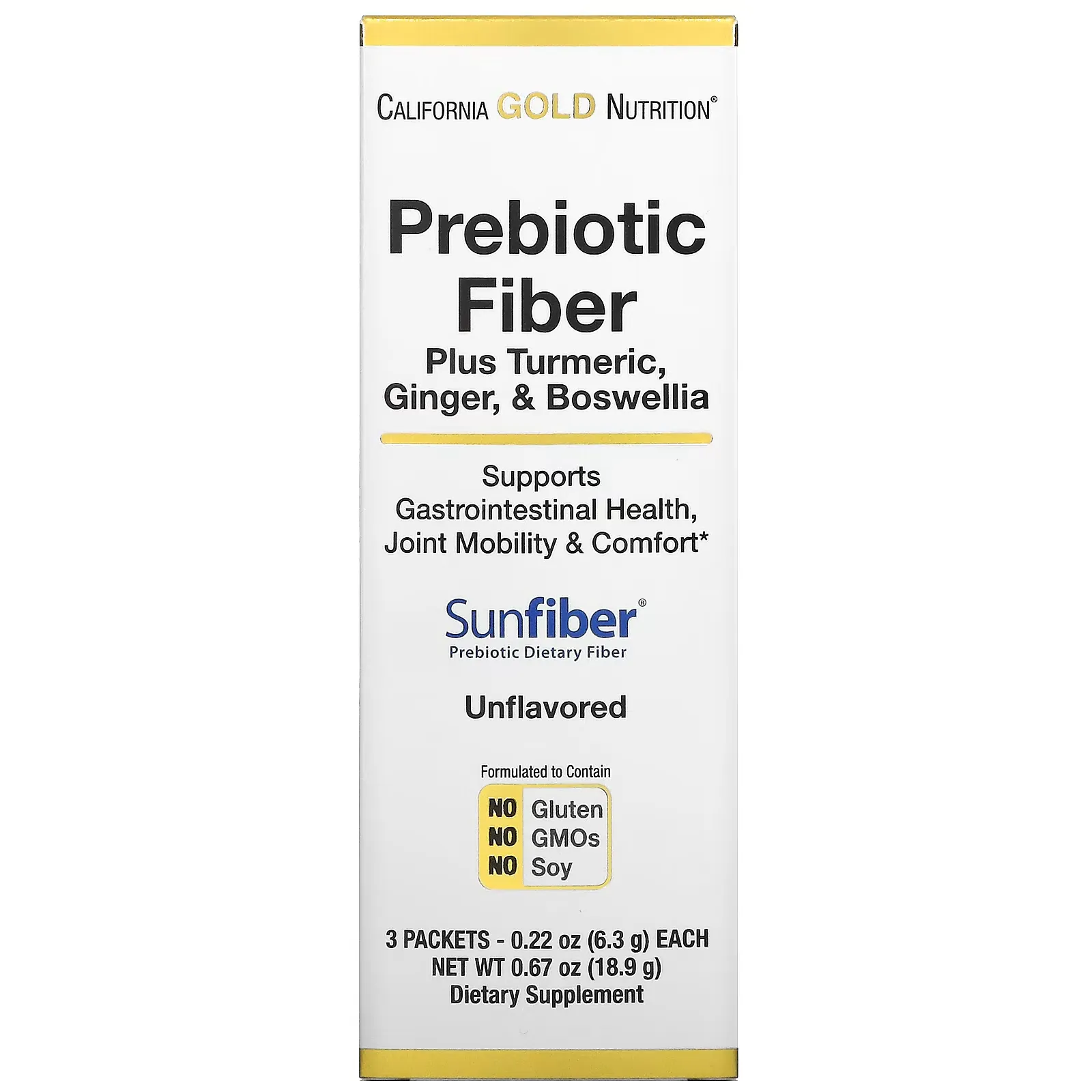 Prebiotic Fiber Plus Turmeric, Ginger, & Boswellia, 3 Packets, 0.22 oz (6.3 g) Each