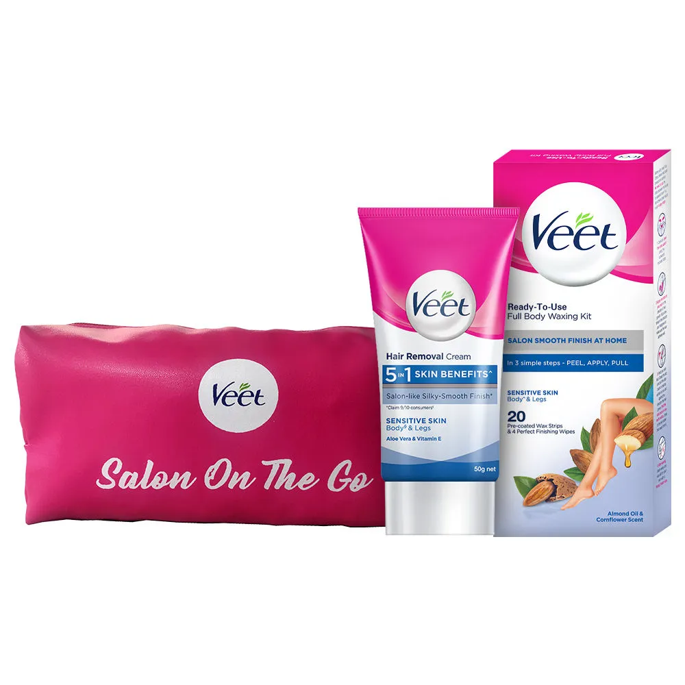 Veet Hair Removal Cream Sensitive Skin & Body Waxing Kit + Free Pouch