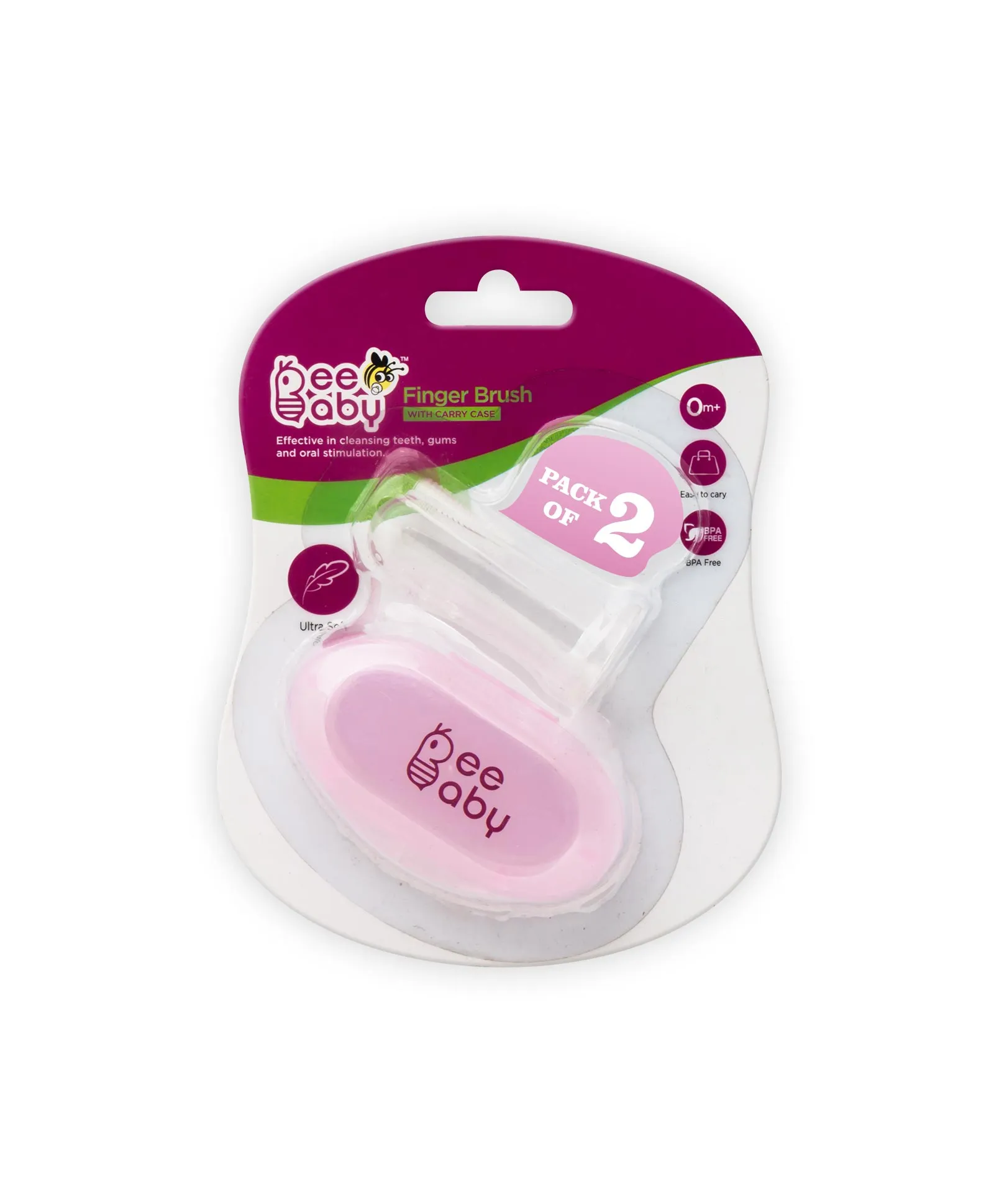 Beebaby Silicone Finger Brush With Carry Case, (pink) (pack Of 2)