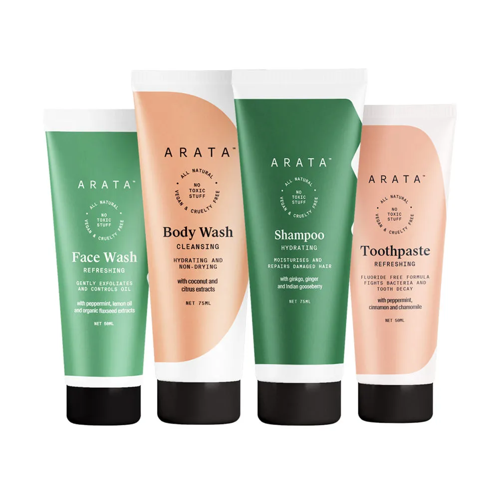 Arata Travel Kit with Hydrating Shampoo Body Wash Toothpaste & Face Wash