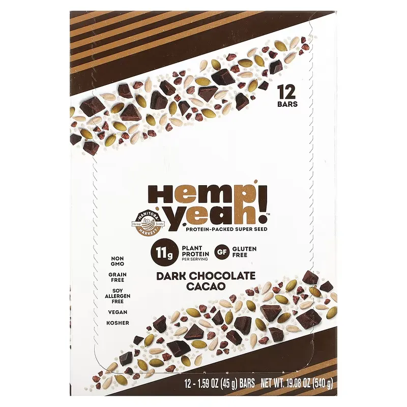 Hemp Yeah!, Protein-Packed Super Seed Bar, Dark Chocolate Cacao, 12 Bars, 1.59 oz (45 g) Each