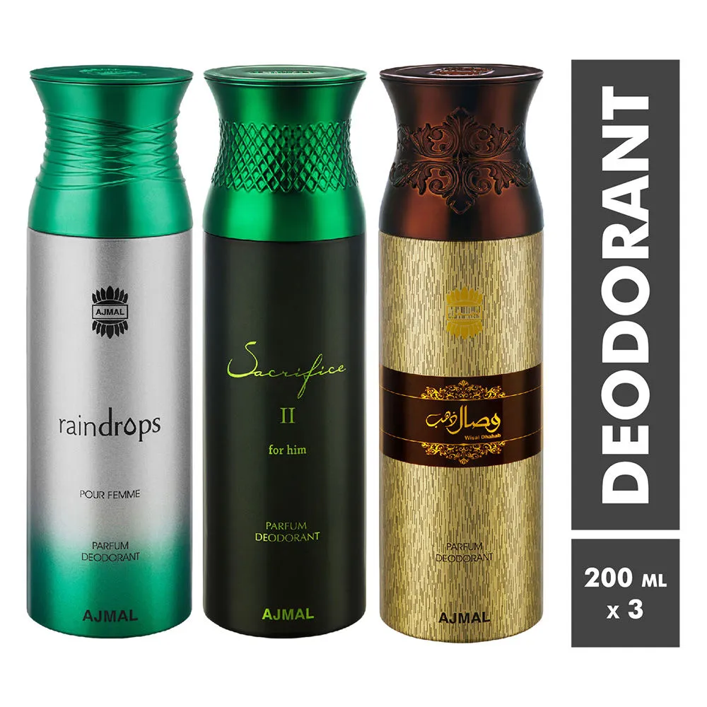 Ajmal Raindrops, Sacrifice II & Wisal Dhahab Parfum Deodorant For Men & Women-Pack Of 3