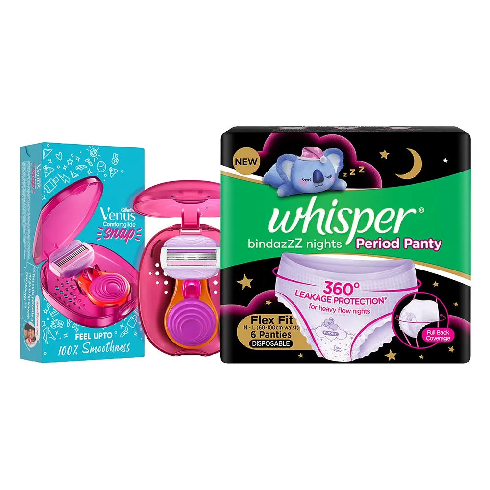 Whisper & Venus Femcare Combo - Whisper Bindazz Nights Period Panties + Venus Snap Razor