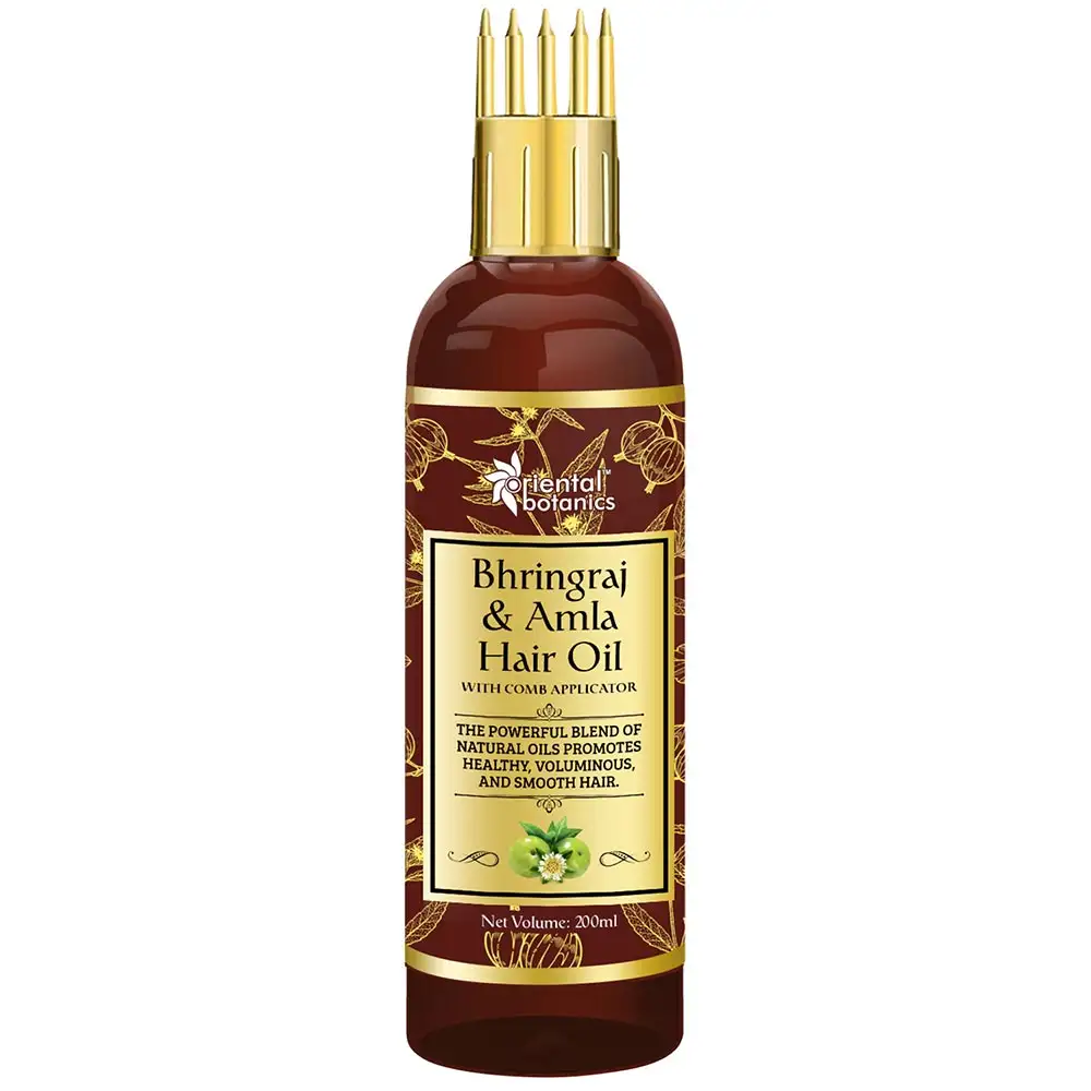 Oriental Botanics Bhringraj & Amla Hair Oil with Comb Applicator,  200 ml  Promotes Healthy, Voluminous & Smooth Hair