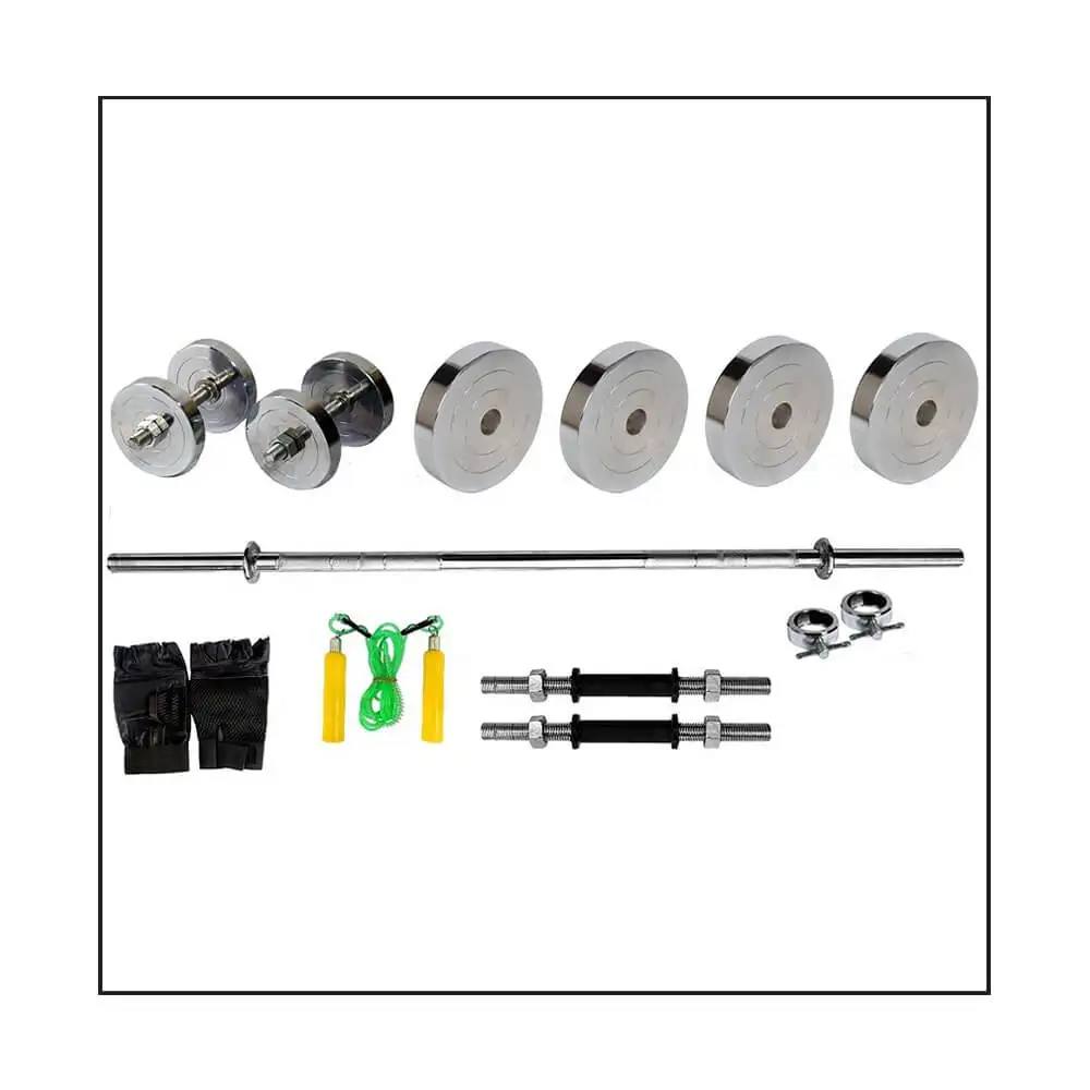 Body Maxx 20 Kg Chrome Steel Home Gym + 5 Feet Bar + 2 Dumbells Bars + Gloves + Rope + Locks