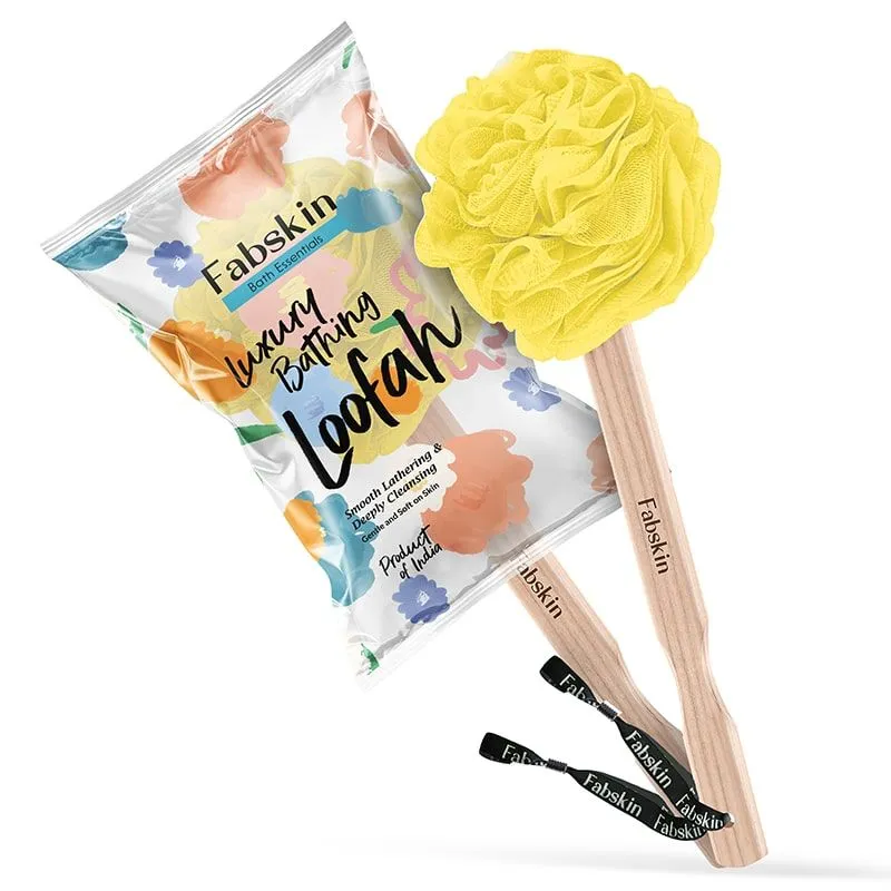 Fabskin Bath Brush Loofah For Men & Women With Wooden Handle Yellow