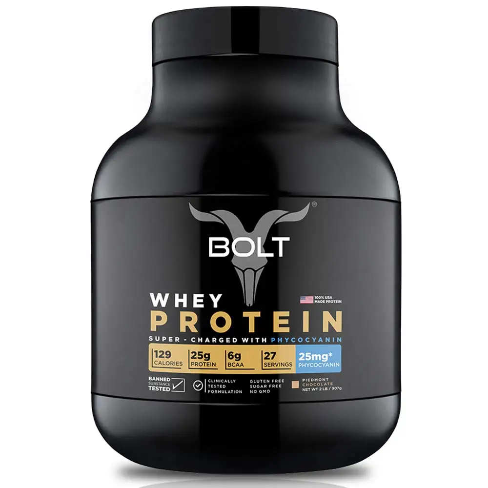 Bolt Whey Protein Super-Charged With Phycocyanin,  2 lb  Piedmont Chocolate