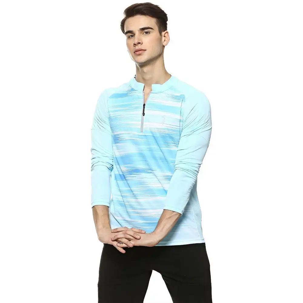 Campus Sutra Graphic Print Men Mandarin Collar T Shirt,  Sea Blue  XL