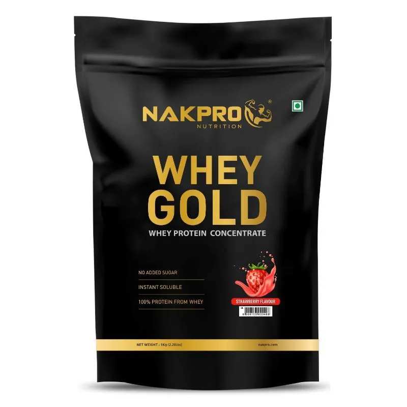 NAKPRO Gold 100% Whey Protein Concentrate Supplement Powder - Strawberry Flavour