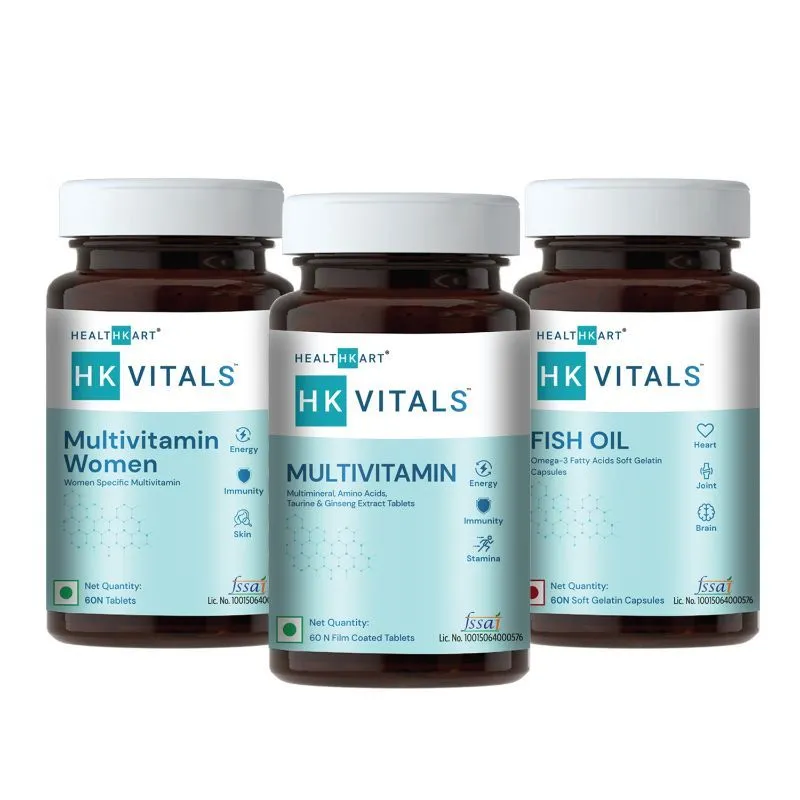 HealthKart HK Vitals Multivitamin + Multivitamin Women + Fish Oil, pack of 3,Unflavoured