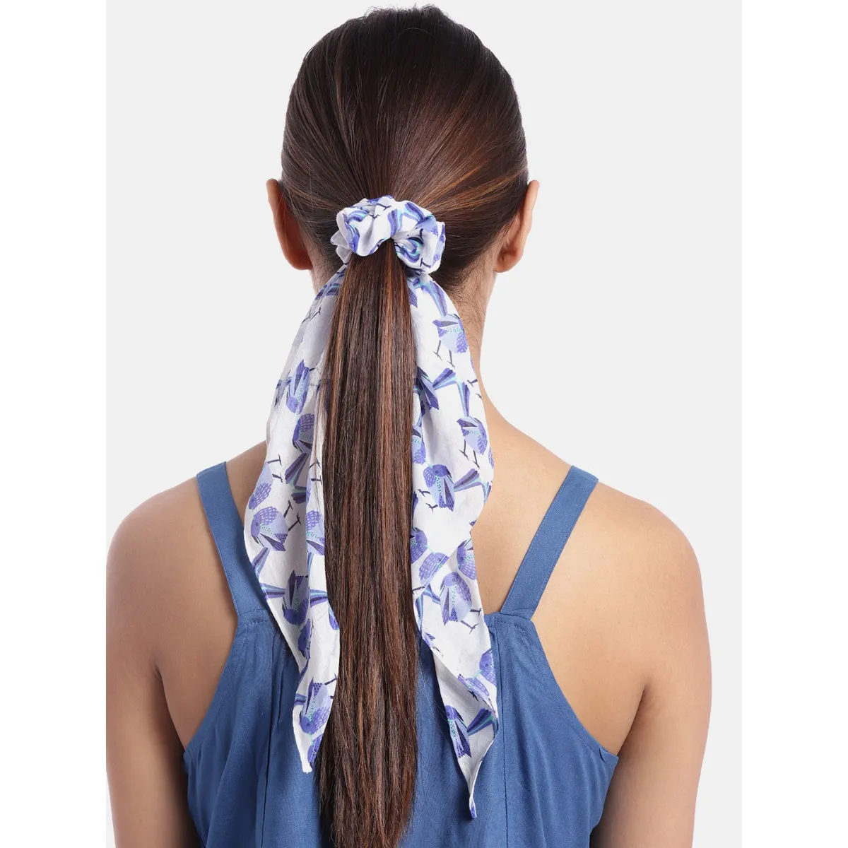 Blueberry Sparrow Bird Printed White Ruffle Scrunchie