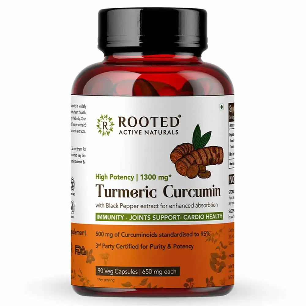 Rooted Active Naturals Turmeric Curcumin with Black Pepper Extract,  90 capsules