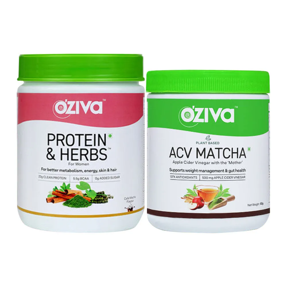 OZiva Weight Loss Routine (OZiva Protein & Herbs Shake Women - Chocolate + Plant Based ACV Matcha)