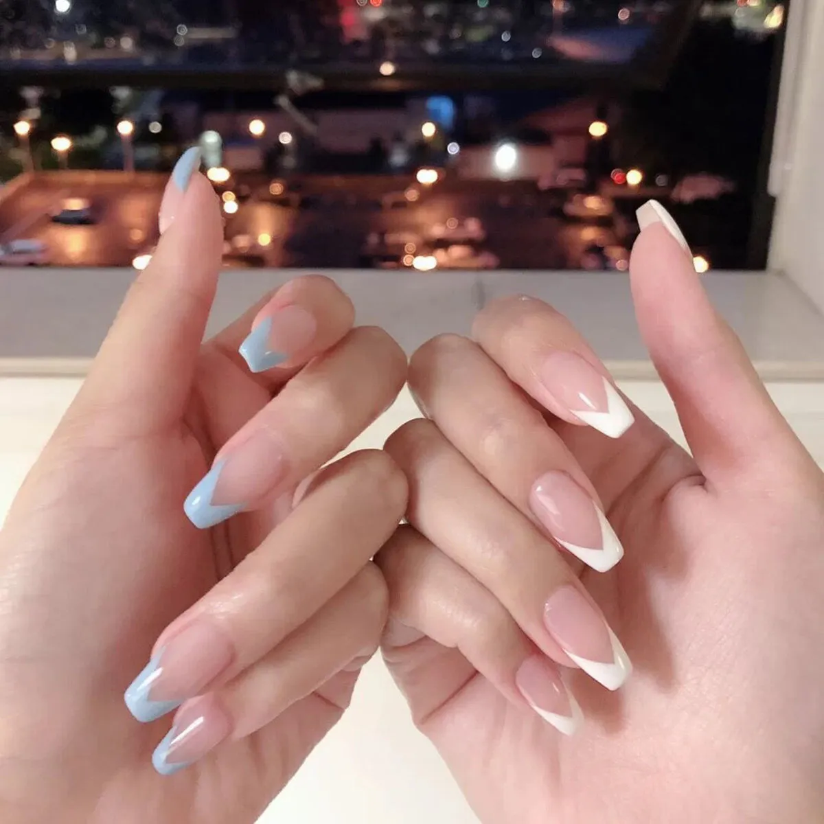 Pipa Bella by  Fashion Blue and White Coffin French Stick On Nails