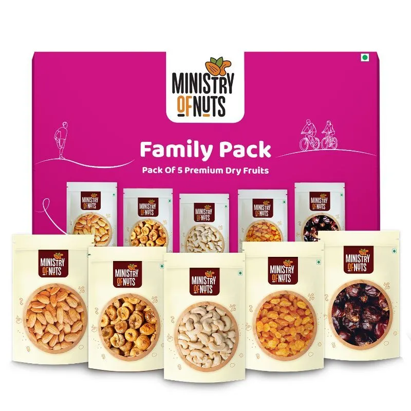 Ministry of Nuts Premium Dry Fruits - Pack Of 5 - Almonds, Figs, Cashews, Raisins & Dates