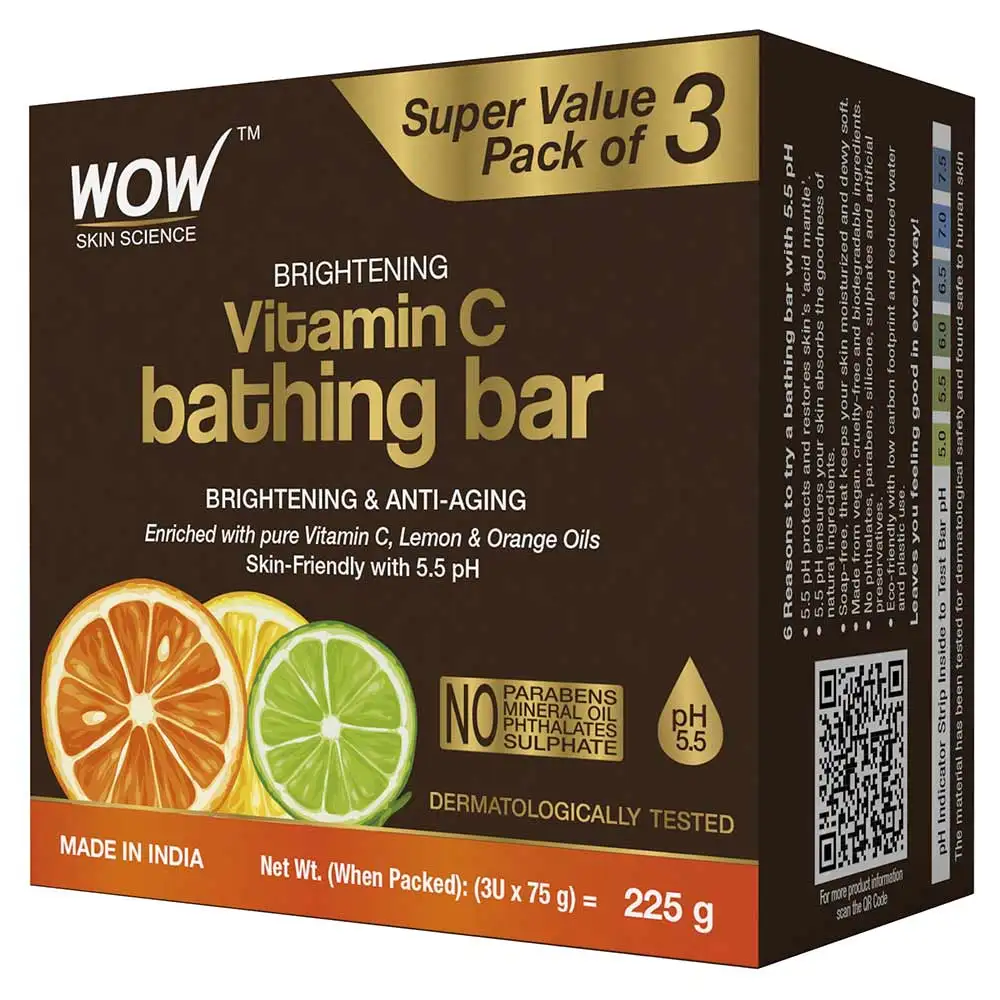 WOW Skin Science Brightening Vitamin C Bathing Bar,  75 g  Enriched with Lemon & Orange Oils (Pack of 3)