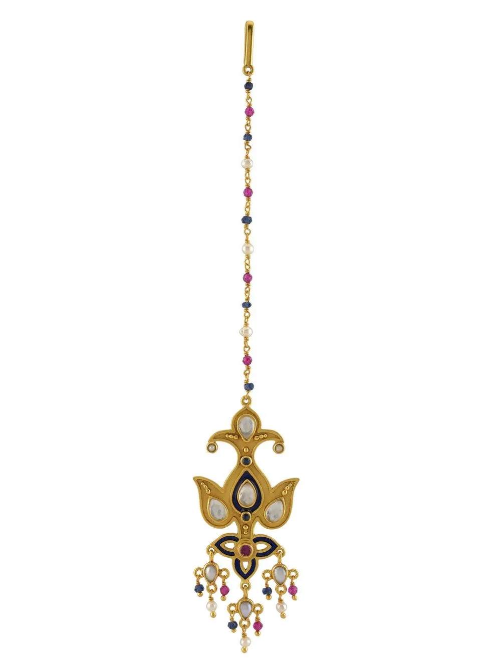 Tribe Amrapali Silver Gold Plated Abstract Leaf Multi Crystal Enamelled Maang Tikka