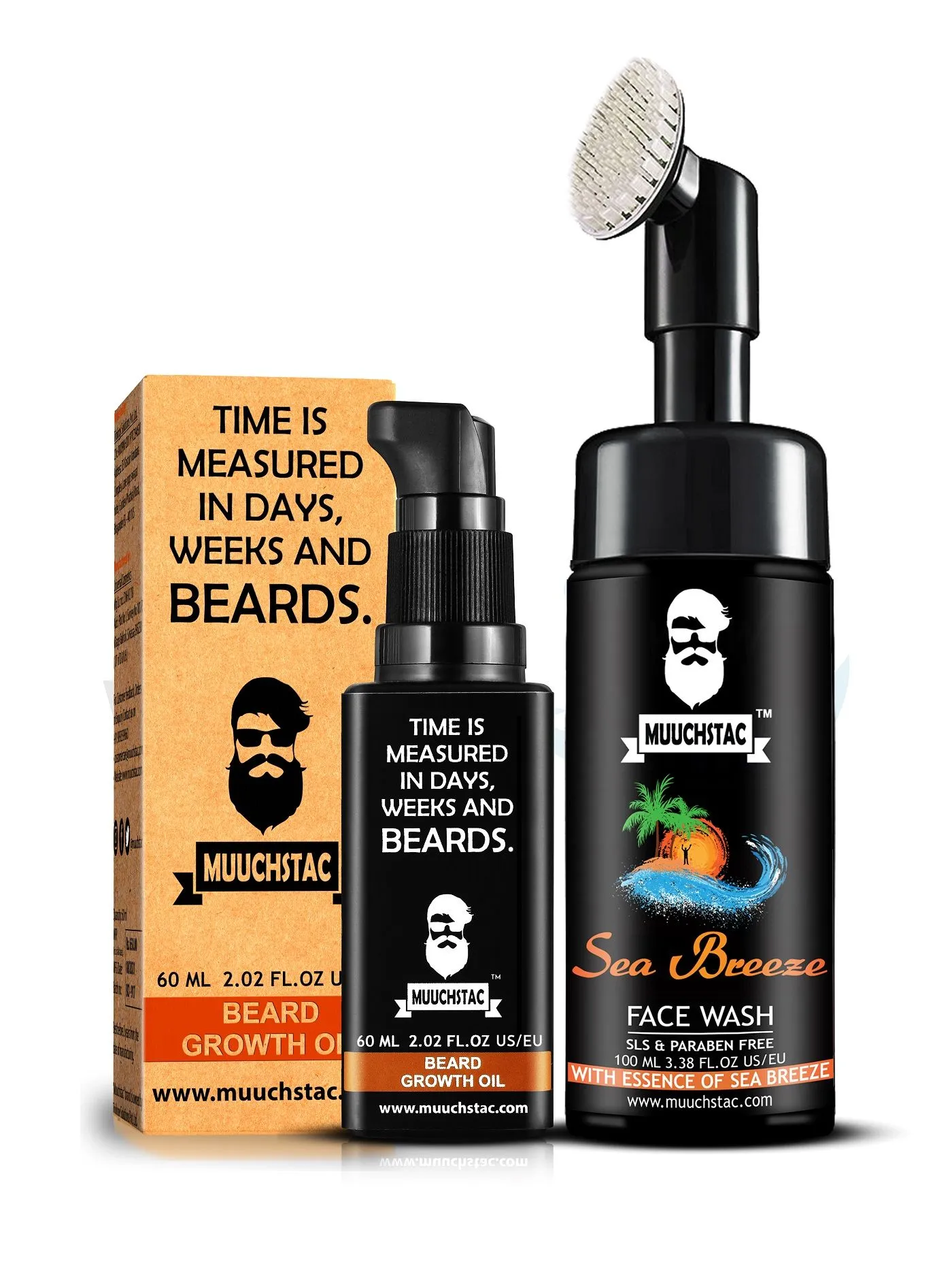 Muuchstac Beard Growth Oil With Sea Breeze Face Wash - Inbuilt Brush