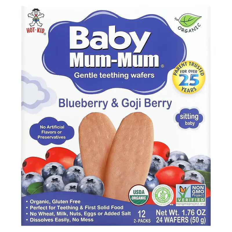 Baby Mum-Mum, Gentle Teething Wafers, Blueberry & Goji Berry, 12 Packs, 2 Wafers Each