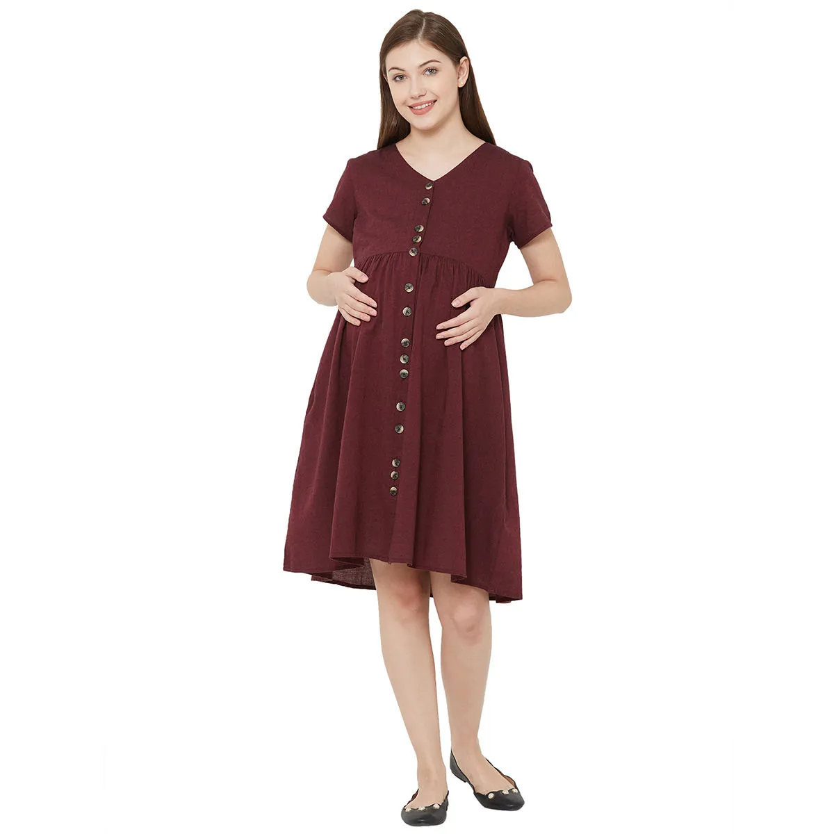 Mystere Paris Classic Button Down Maternity Dress - Maroon