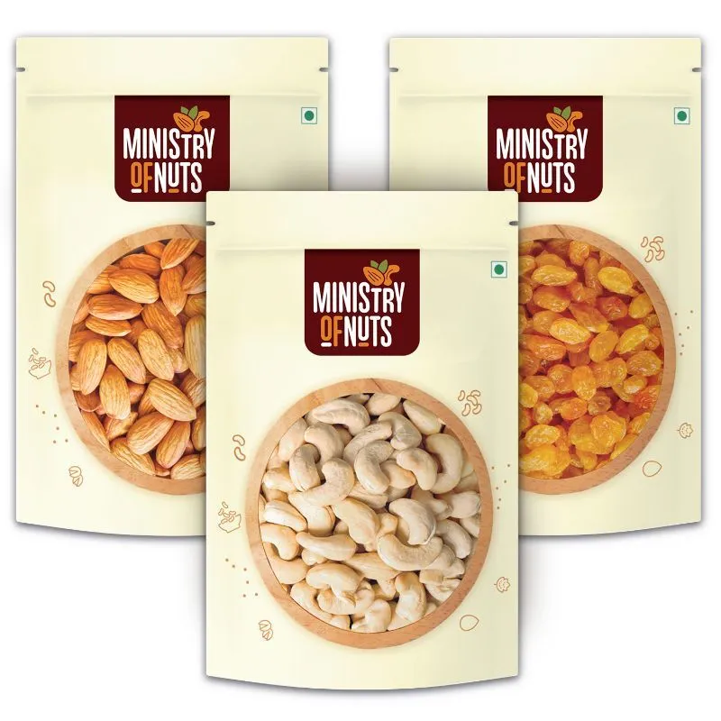 Ministry of Nuts Premium Dry Fruits - Pack Of 3 - Almonds, Cashew Nuts & Raisins