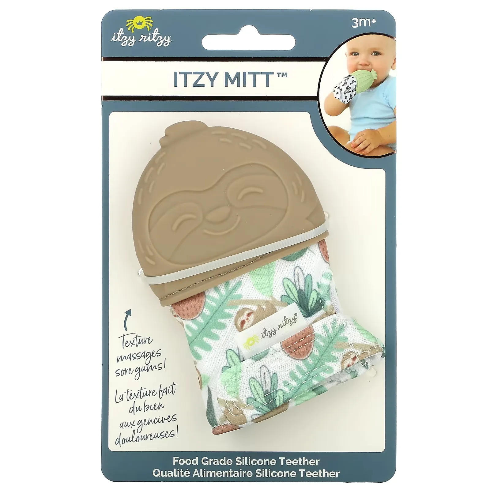 Itzy Mitt, Food Grade Silicone Teether, 3+ Months, Sloth, 1 Teether