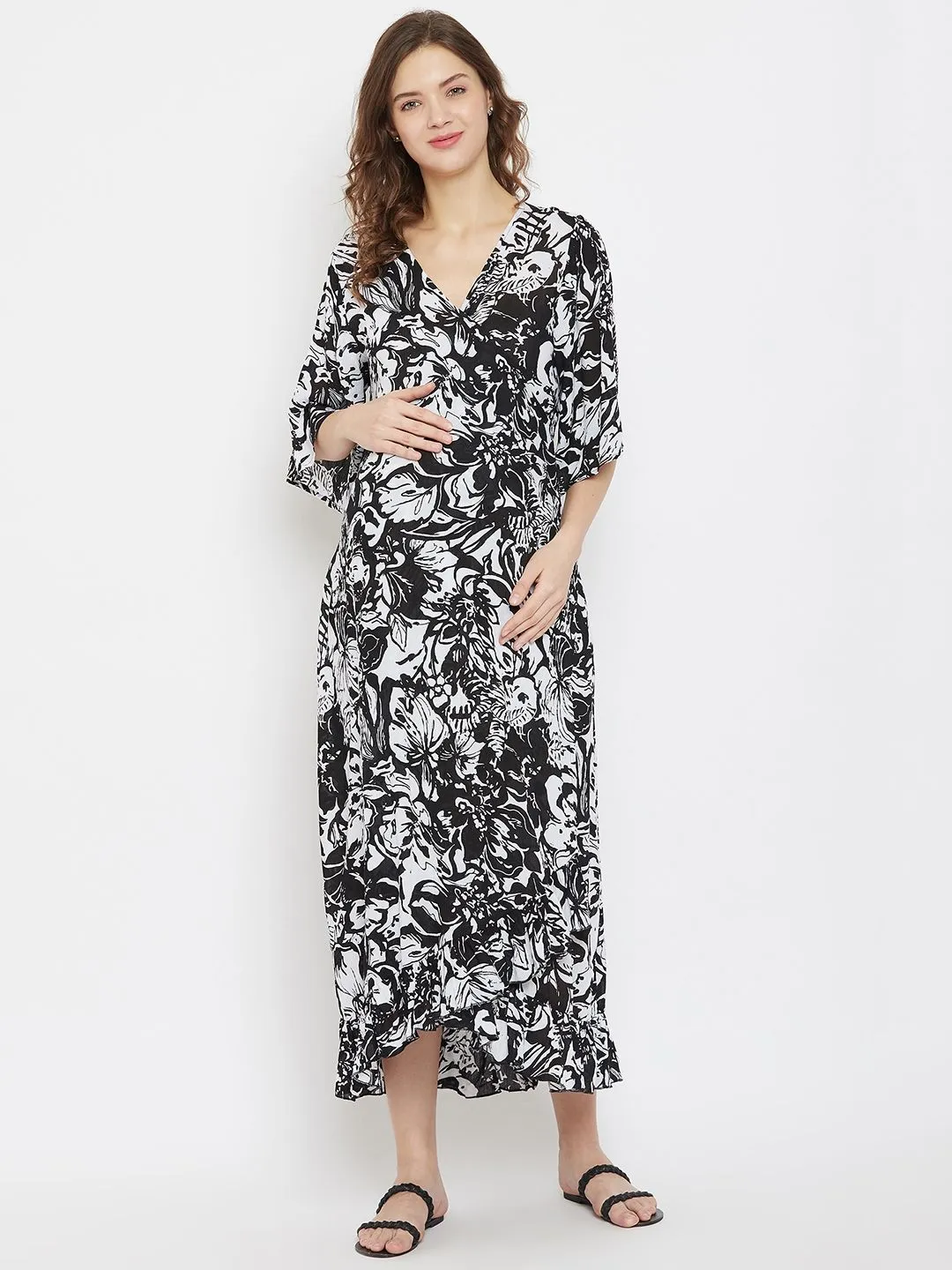 The Kaftan Company Printed Viscose Maternity Wrap Dress With Ruffles - Multi-Color (M)