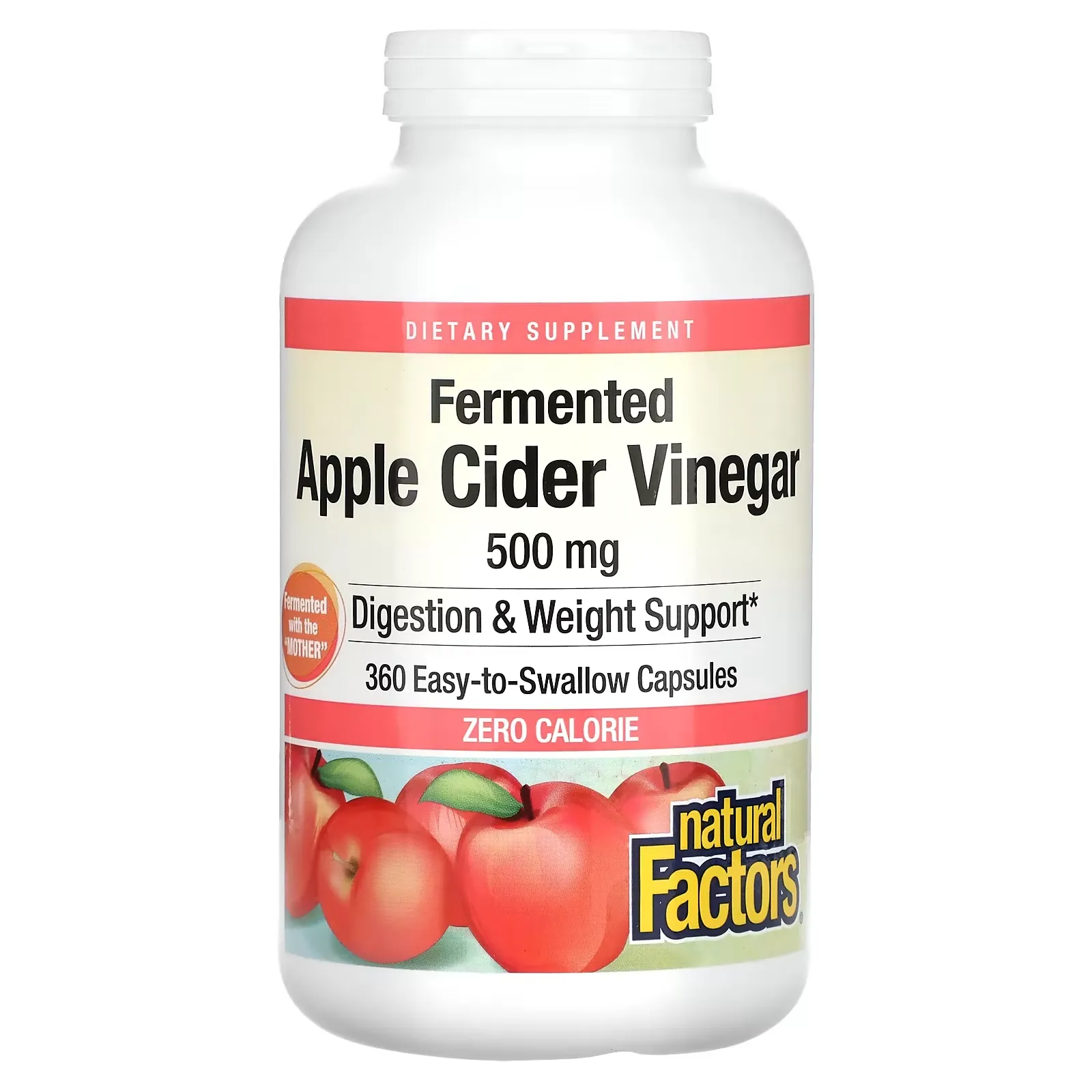 Fermented Apple Cider Vinegar, 500 mg, 360 Easy-to -Swallow Capsules