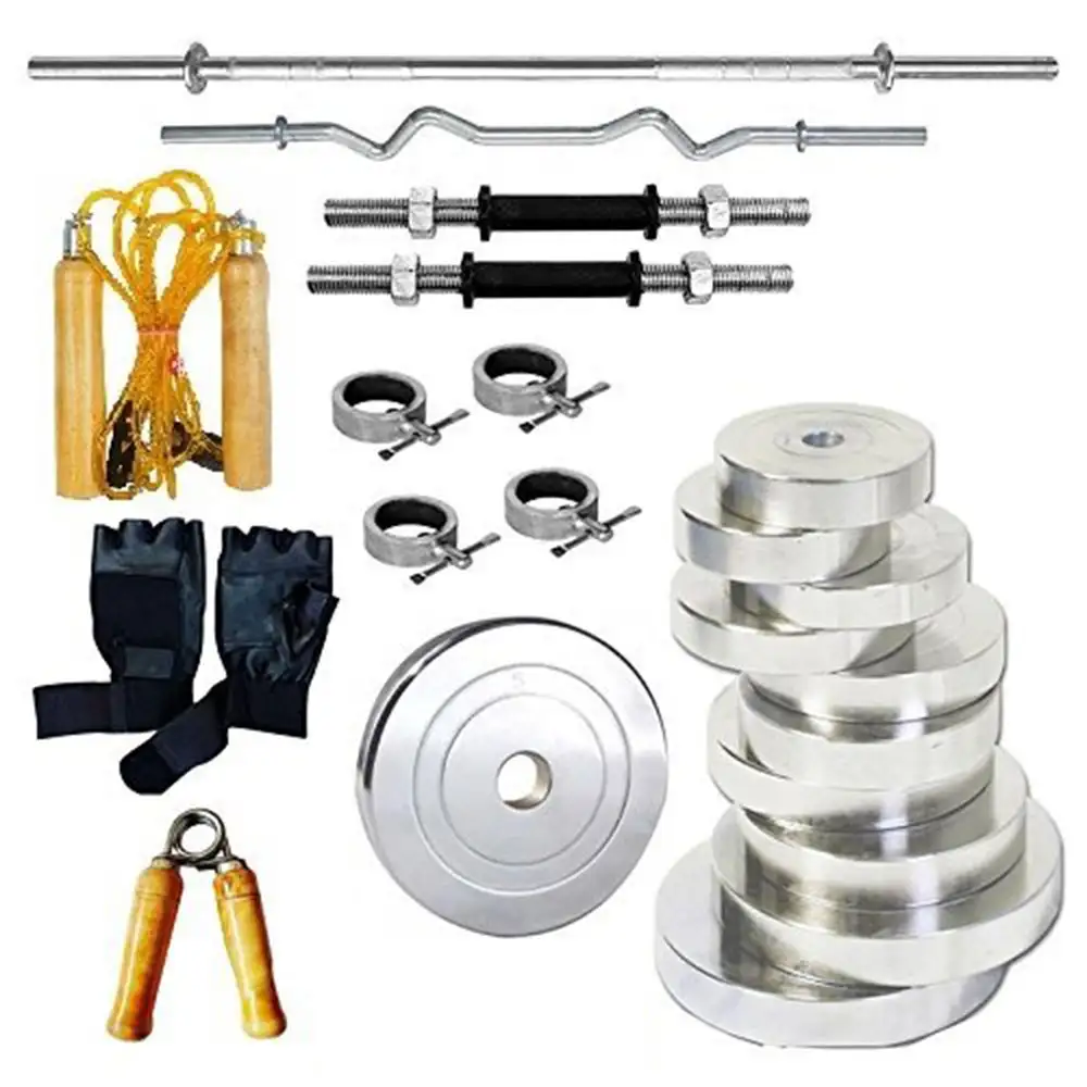 Body Maxx New 10 KG Steel Weight Plate Home Gym Set + 14 Dumbbell Rod + 3 FT CURL Rod + 5 FT Plain Rod (20 MM) + Skipping Rope