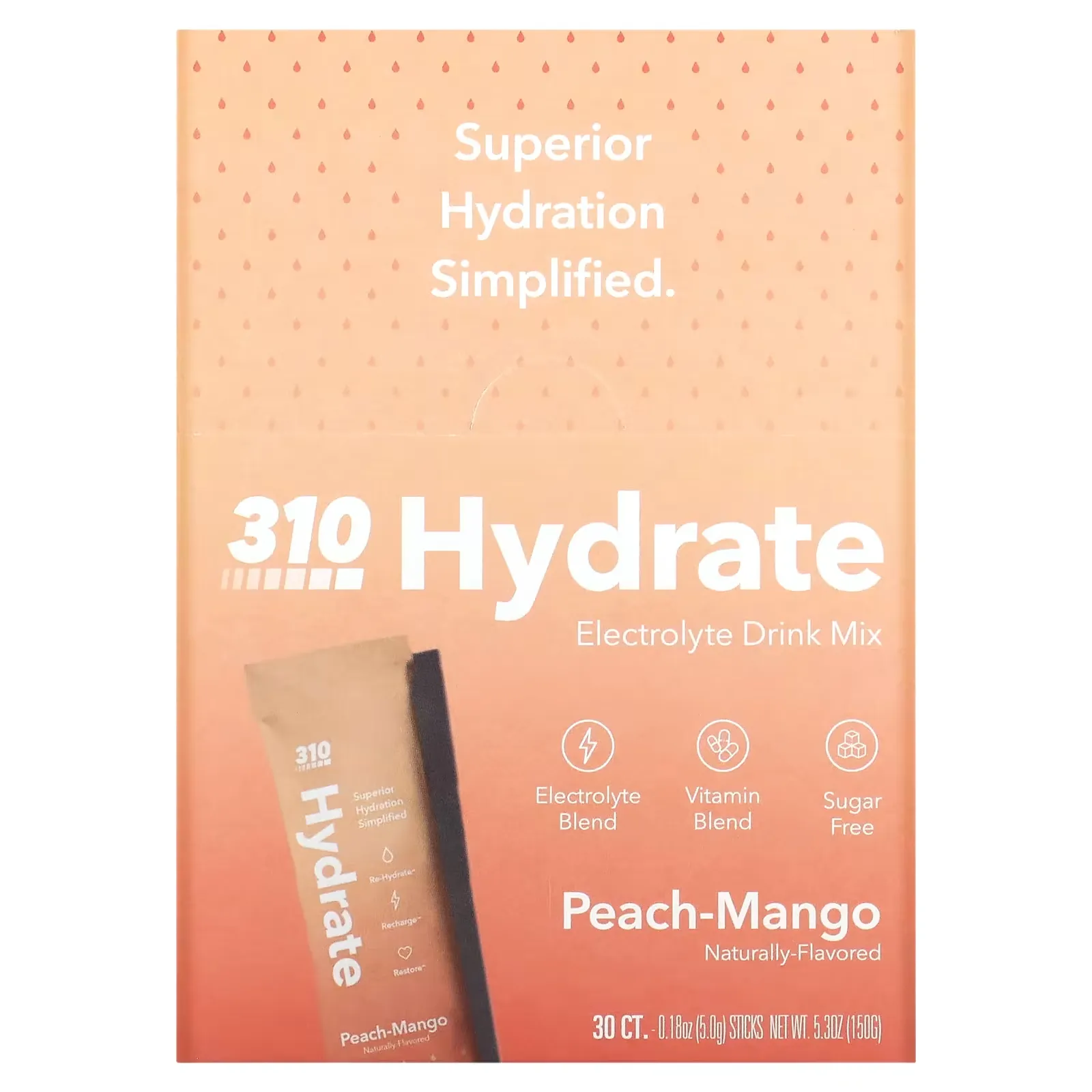 Hydrate, Electrolyte Drink Mix, Peach-Mango, 30 Sticks, 0.18 oz (5 g) Each