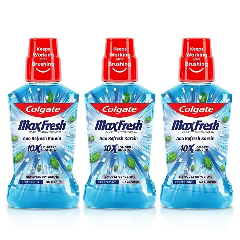 Colgate Maxfresh Plax Antibacterial Mouthwash, 24/7 Fresh Breath - Peppermint (Pack Of 3)