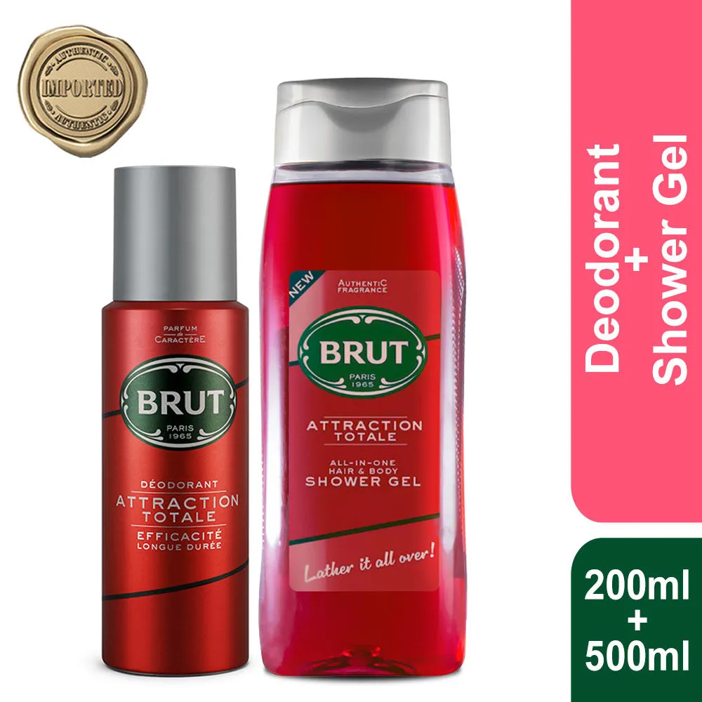 Brut Attraction Total All - In- One Hair & Body Shower Gel + Deodorant Spray