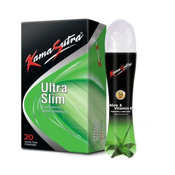 KamaSutra Ultraslim Condoms For Men, 10 Units & Aloe Vera Lubricant 50ml