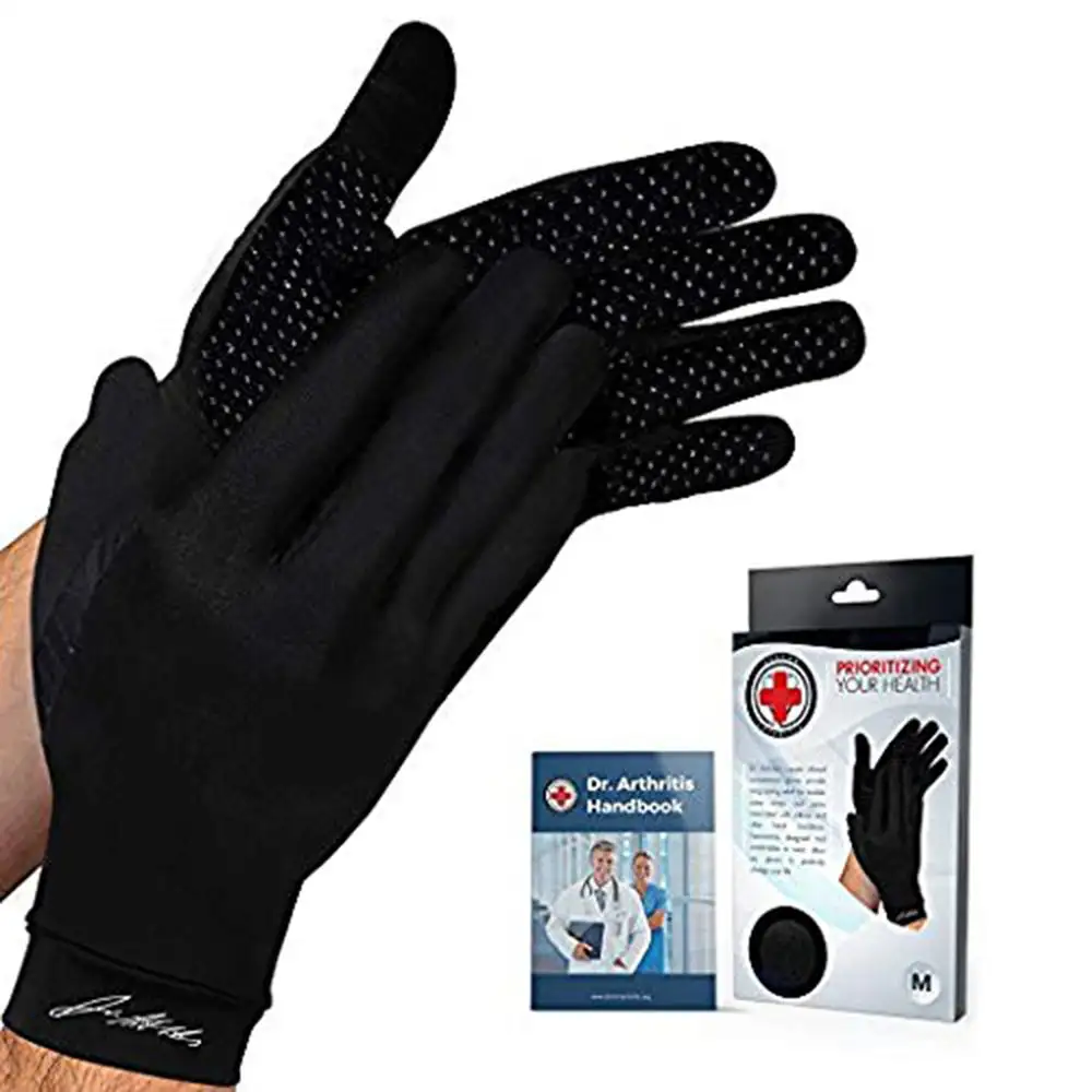 Dr. Arthritis Copper Infused Gloves,  Black with Hand Book (Pair)  Large