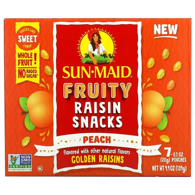 Fruity Raisin Snacks, Peach, 7 Pouches, 0.7 oz (20 g) Each