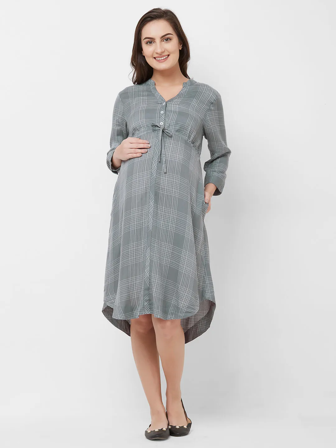 Mystere Paris Maternity Checked Dress - Grey