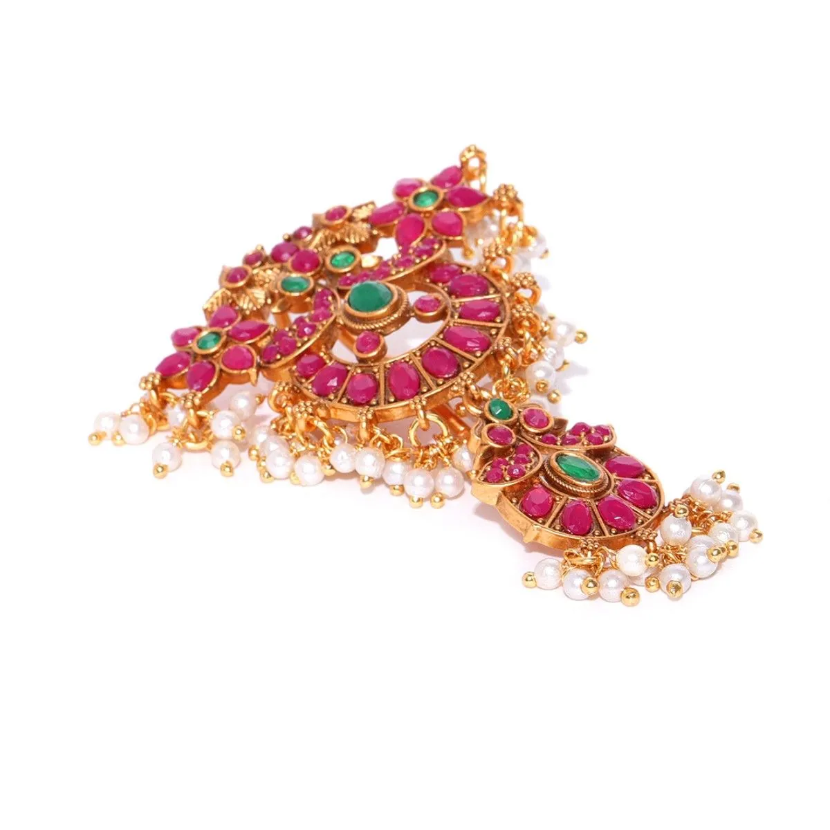 Priyaasi Gold Plated Magenta And Green Stone Studded Off- White Beaded Bun/ Hair Accessories