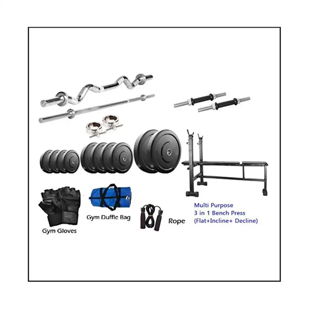 Body Maxx 35 Kg Weight Lifting Rubber Plates + 2Pcs Dumbells Rods + 3 Ft Curl Bar + 5 Ft Straight Bar + Multi Purpose 3 In 1 Bench Press