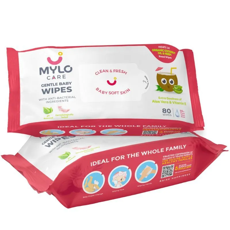 Mylo Care Gentle Baby wipes with 98% Pure Water, Coconut Oil & Neem Without Lid - Pack of 2