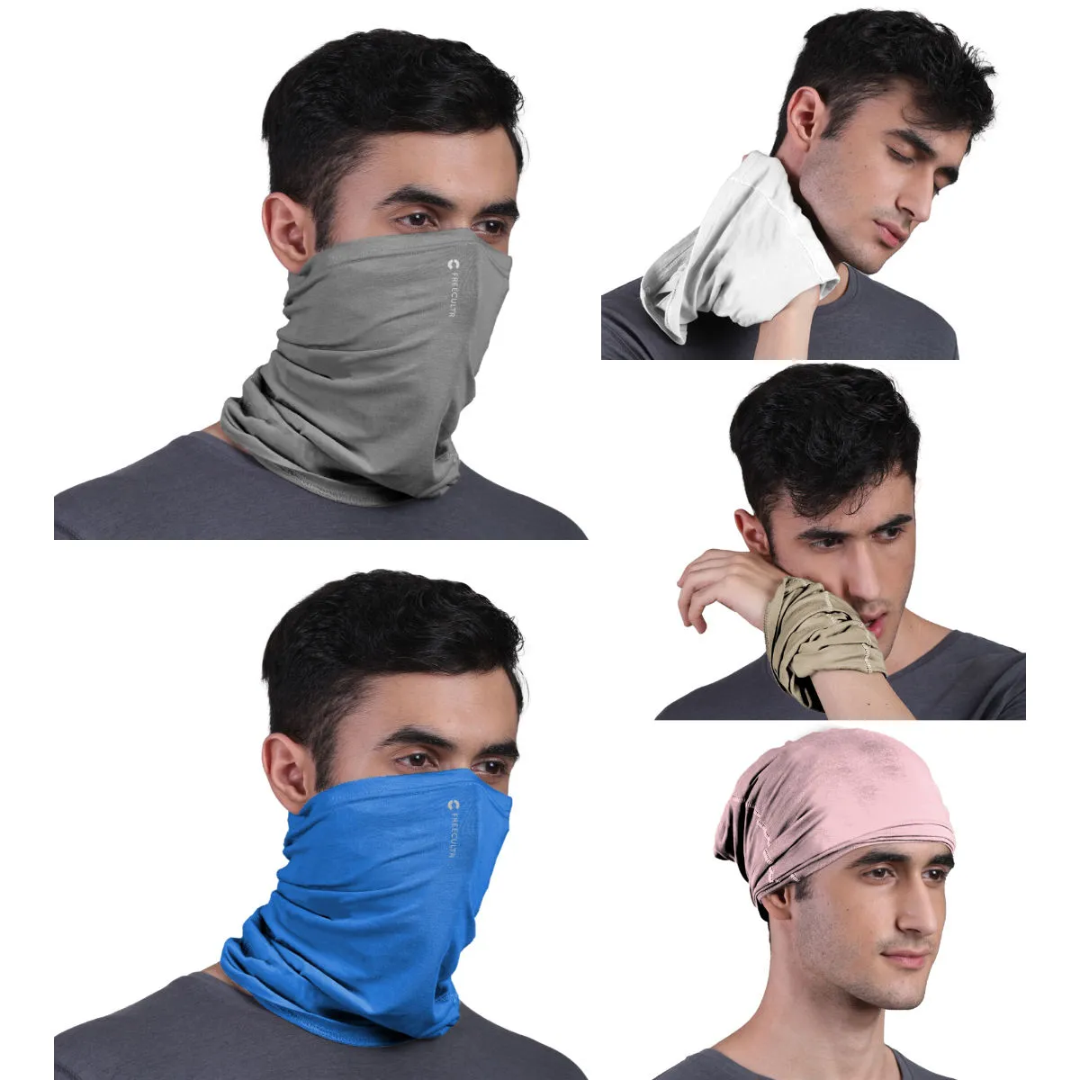 FREECULTR Unisex Plain Bamboo Bandana Anti Microbial Multipurpose Cloth Face Mask (pack Of 5)